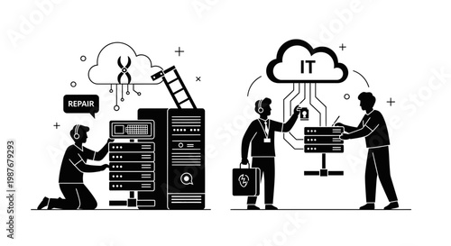 IT Support and Server Maintenance Cloud Computing Vector Illustration