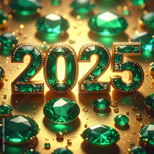 A glittering composition showcasing the year 2025 fashioned from gold and emeralds, set among a sea of sparkling gemstones