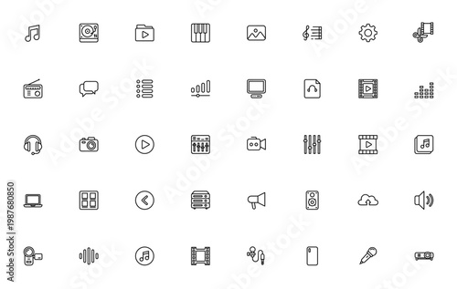 Audio and Video icon set. Multimedia vector icons pack. Includes music note, turntable, playlist, keyboard, film editor, microphone, speaker, camera and more. Editable stroke.