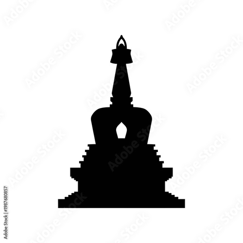 Black Silhouette of Buddhist Stupa Architecture on White Background