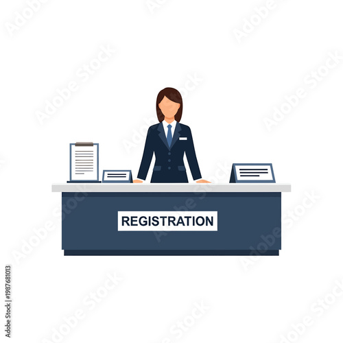 Registration desk with female receptionist vector illustration