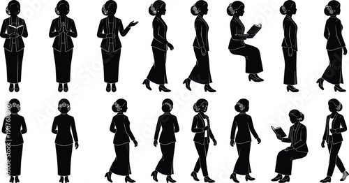 Vector graphic set featuring female silhouettes in traditional attire, demonstrating diverse poses and activities like standing, walking, sitting, reading, and interacting