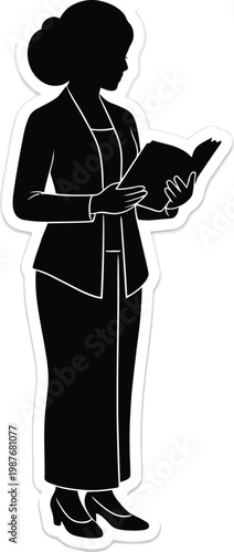 Stylized silhouette of a woman standing and intently reading an open book, a powerful graphic symbol of knowledge, learning, and thoughtful contemplation