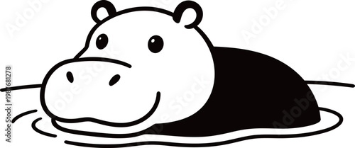 Schilderij op canvas Cartoon hippopotamus partially submerged in water, smiling with visible head and