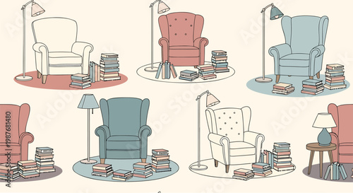 Colorful armchair icons, chair illustrations, furniture set, home decor elements, vector graphics