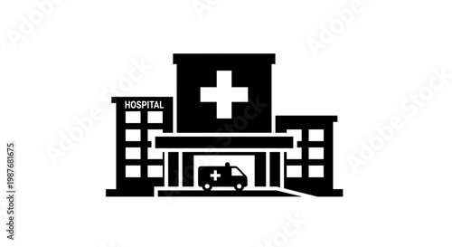 Hospital Building with Ambulance Outside Entrance.