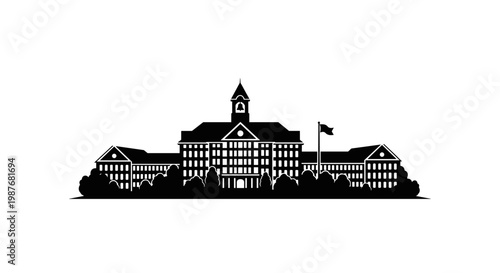 Large Building with Clock Tower Silhouette.