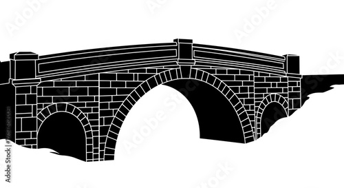 Black and White Vector Illustration of a Stone Arch Bridge