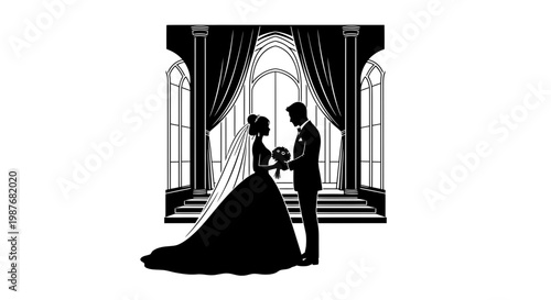 Bride and Groom Silhouette in Elegant Wedding Hall Illustration