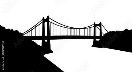 Silhouette of a Suspension Bridge over a River Vector Illustration