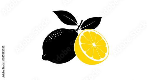 Minimalist lemon vector illustration with black fruit and yellow slice