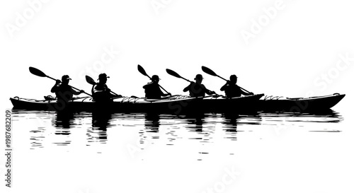 Silhouette of Five People Paddling a Long Kayak on Water