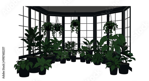 Indoor houseplant collection in front of large windows vector art