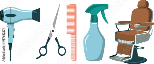 Barbershop and hairdresser tools set with hairdryer, scissors, comb, spray bottle and barber chair, flat cartoon vector illustration