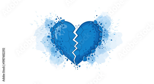 Blue Broken Heart Vector Illustration with Watercolor Splatter