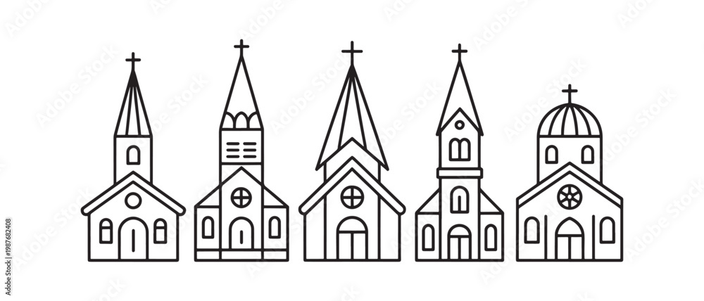 Fototapeta premium Church building icon set with religious architecture and spiritual worship concept