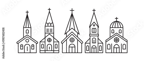 Church building icon set with religious architecture and spiritual worship concept