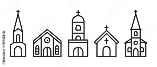 Simple church icons with christian religion and faith related architecture
