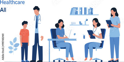 Modern healthcare concept with doctors and nurses team providing patient care in hospital clinic, flat vector illustration for web landing page