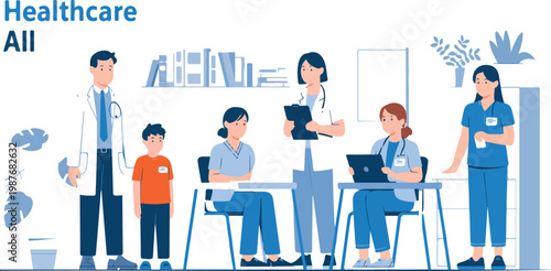 Modern healthcare concept with doctors and nurses team providing patient care in hospital clinic, flat vector illustration for web landing page