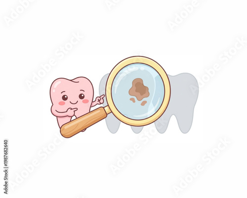 Cute tooth character with magnifying glass