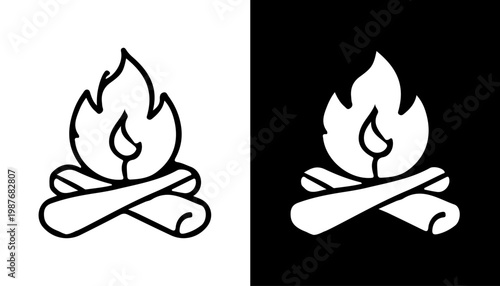 Campfire Emblem: A simple yet evocative illustration of a campfire, a symbol of warmth, adventure, and the primal allure of nature, rendered in minimalist style. 