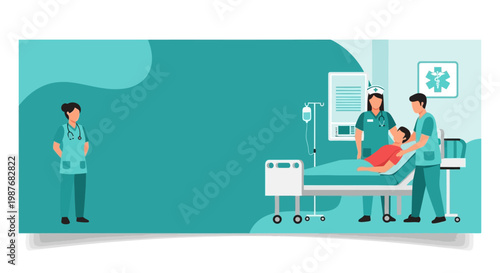 Professional Medical Team of Nurses Caring for Patient in Hospital Bed for International Nurses Day Banner in Flat Vector Style