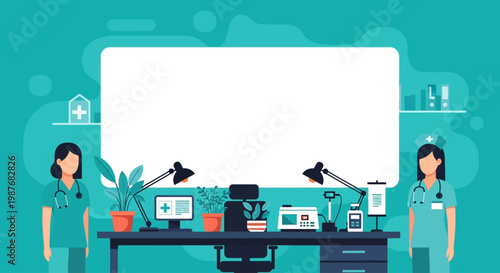 Two Professional Female Nurses Standing at Medical Reception Desk with Computer and Large Whiteboard for International Nurses Day Banner