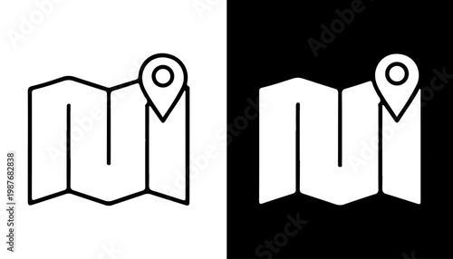 Map Icon: Simplified vector illustration of a folded map, featuring a prominent location pin, presented with contrasting backgrounds, symbolizing travel and guidance.