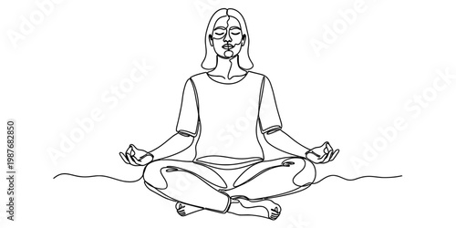 A minimalist single line drawing of a person sitting in a meditative yoga pose on the ground