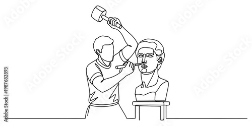 A line art drawing showing a sculptor carefully carving a classical statue bust with a hammer