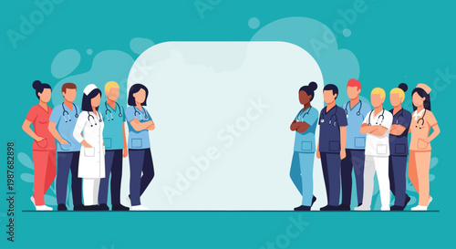 Large Multicultural Group of Professional Nurses and Doctors Standing Together for International Nurses Day Banner in Flat Vector Style