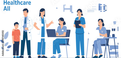 Modern healthcare concept with doctors and nurses team providing patient care in hospital clinic, flat vector illustration for web landing page