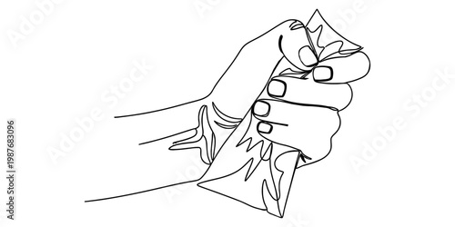 A black and white line art illustration showing a hand firmly gripping a piece of folded fabric.
