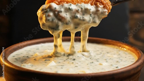 A juicy fried chicken leg with crispy wings being dipped into a creamy spinach and artichoke dip.