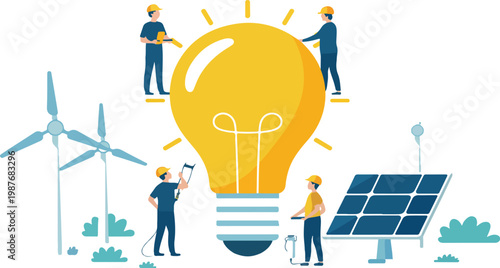 Renewable energy concept with solar panels and wind turbines, engineers working on light bulb innovation, modern flat vector illustration