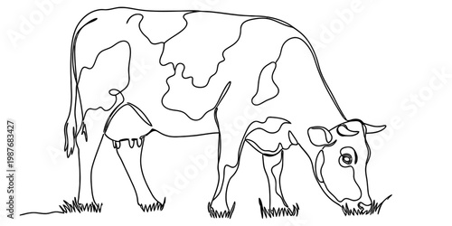A simple black and white line drawing of a dairy cow grazing peacefully in a grassy meadow field.