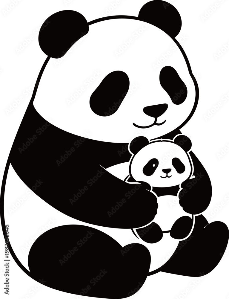 Naklejka premium Adult panda holding a baby panda in a black and white illustration