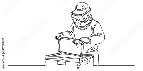 A line drawing illustration of a professional beekeeper examining a honeycomb frame in a hive