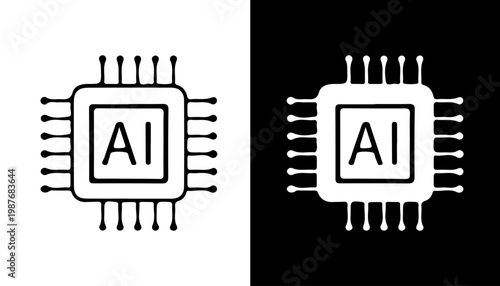AI Chip Icon: Symbolic representation of artificial intelligence technology, a central processing unit, demonstrating its role in computation and futuristic tech, with contrasting backgrounds.