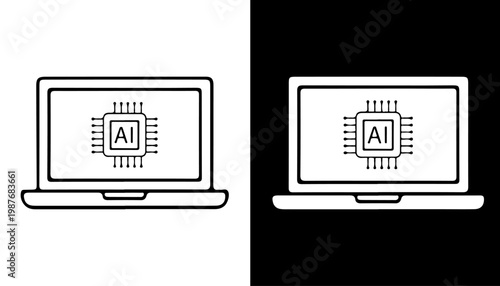 AI laptop on black and white: A conceptual representation of artificial intelligence integrated within a laptop, portrayed through a graphic of a central processing unit (CPU) labeled AI.