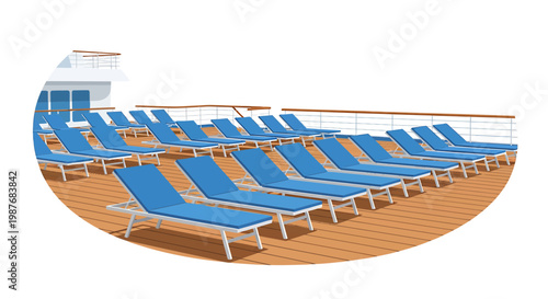 Empty Blue Sun Loungers on a Cruise Ship Wooden Deck Vector