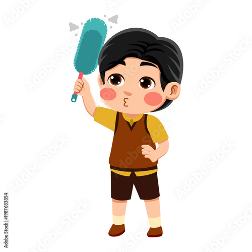  black haired Asian boy wearing an orange and brown outfit  cleaning dust with a feather duster black haired Asian boy wearing an orange and brown outfit  cleaning dust with a feather duster