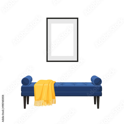 Modern Blue Bench with Yellow Blanket and Blank Picture Frame Vector