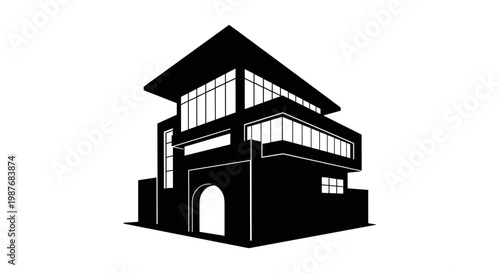 Modern house with large windows and balcony.