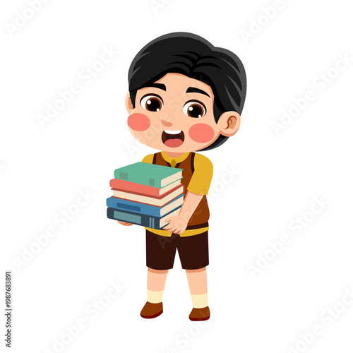  black haired Asian boy wearing an orange and brown outfit carrying a stack of books black haired Asian boy wearing an orange and brown outfit carrying a stack of books
