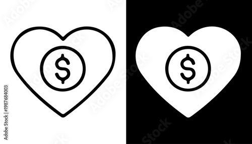 Financial Affection: A minimalist, high-contrast illustration featuring a heart shape, subtly integrating a dollar sign, which represents the fusion of love and finance.