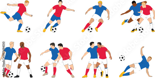 Soccer players in action during football match, red and blue teams competing for ball, dynamic flat vector illustration
