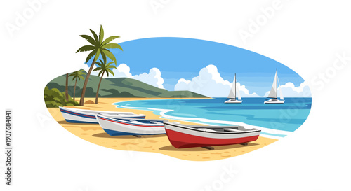 Tropical Beach Landscape with Rowboats and Palm Trees Vector