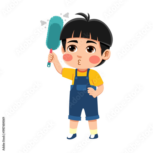  black haired Asian boy wearing an yellow and blue outfit  cleaning dust with a feather duster black haired Asian boy wearing an yellow and blue outfit  cleaning dust with a feather duster